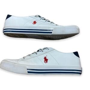 Polo Ralph Lauren Youth Shoes Size 2 White Leather Lace Up Sneakers Navy Red